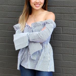 Off-Shoulder Pinstripe Shirt